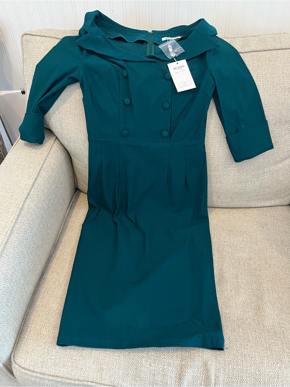 Museum Teal Green Vintage-Style Midi Dress with Button Detail